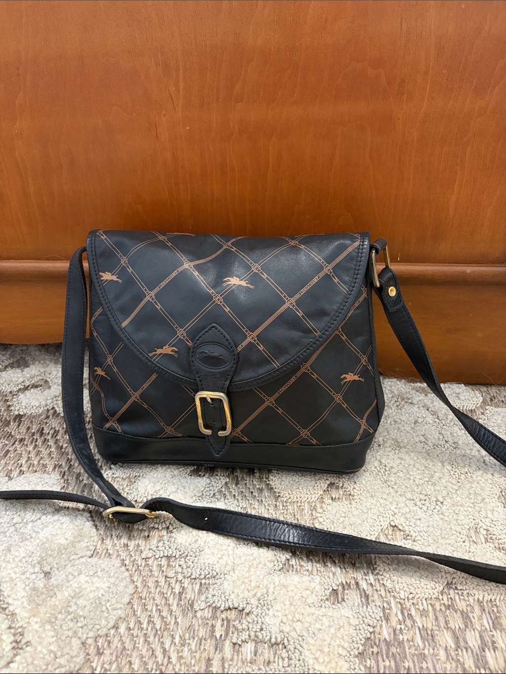 Longchamp Black Crossbody Bag with Brown Lattice Accents approx 8”x9”